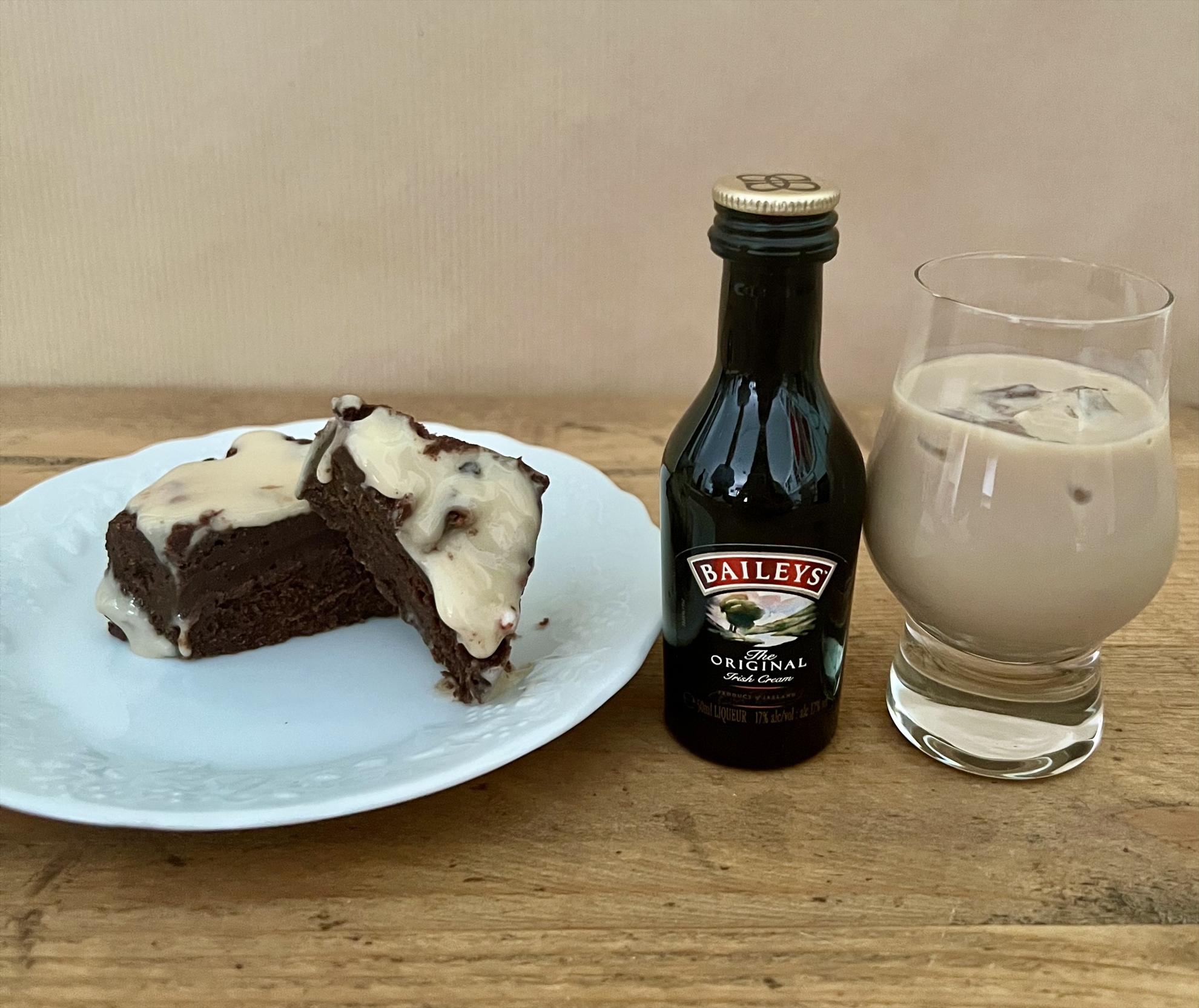 Picture of Baileys Chocolate Brownie with glass of Baileys